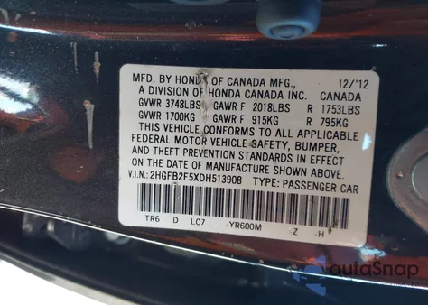 2013 Honda Civic Lx из США, поврежденный, VIN 2HGFB2F5XDH513908